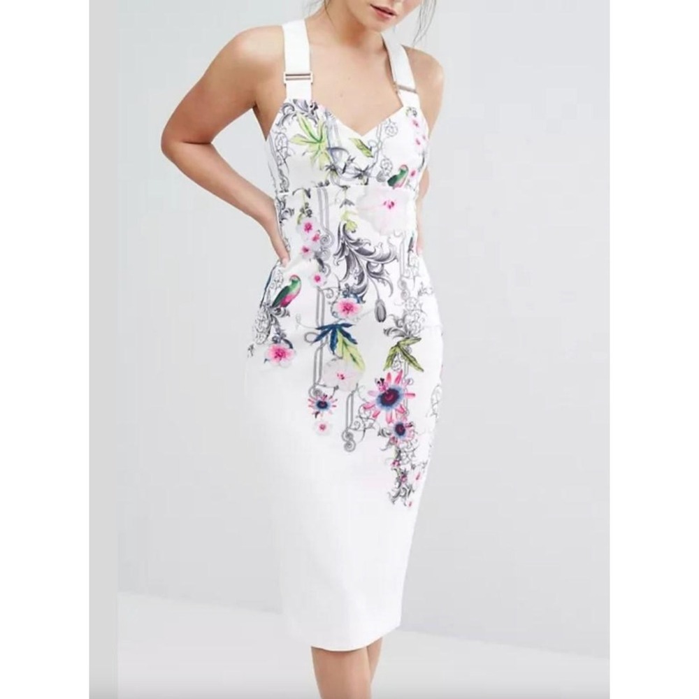 Ted Baker London Scarlin Floral Midi Dress in White Pink Bird Print sz 4 (US 10)